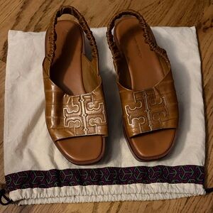 Tory Burch Cognac Leather Logo Slingback Sandals